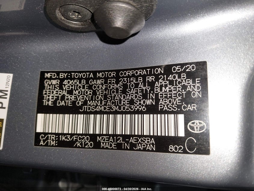 2021 Toyota Corolla VIN JTDS4MCE3MJ053996 IAAI salvage auction — FRONT END, Salvage (North Carolina), sold $2,500 on 2026-07-20 (photo 9)