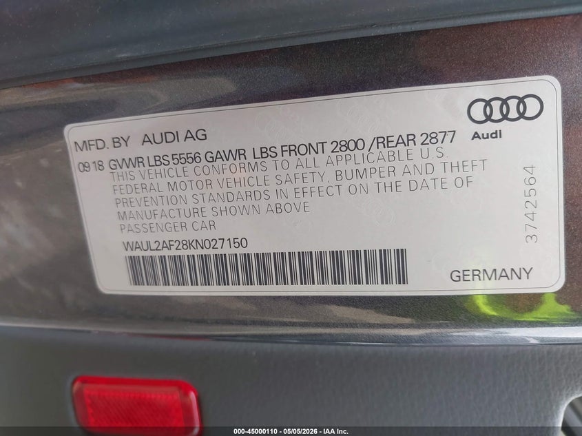 2019 Audi A6 VIN WAUL2AF28KN027150 IAAI salvage auction — HAIL, Salvage (Iowa), sold $8,150 on 2026-07-20 (photo 9)