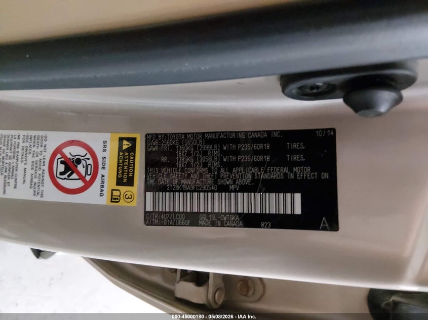 2015 Lexus Rx 350 VIN 2T2BK1BA9FC290540 IAAI salvage auction — HAIL, Salvage (Iowa), sold $8,550 on 2026-07-14 (photo 9)