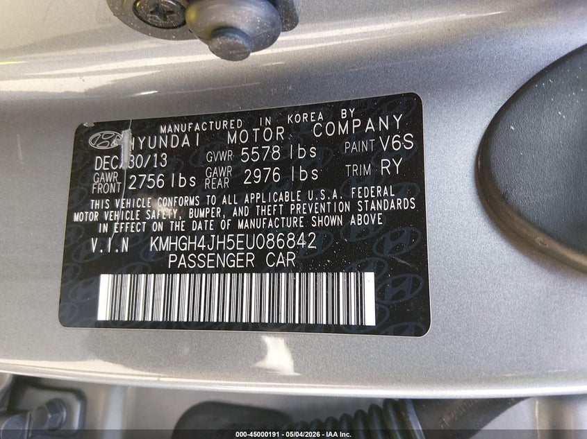 2014 Hyundai Equus VIN KMHGH4JH5EU086842 IAAI salvage auction — NORMAL WEAR, Salvage Title, sold $425 on 2026-07-09 (photo 9)