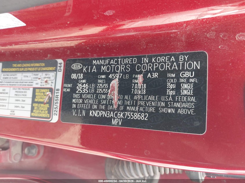 2019 Kia Sportage VIN KNDPN3AC6K7558682 IAAI salvage auction — FRONT END, Original (Texas), sold $3,350 on 2026-07-13 (photo 9)