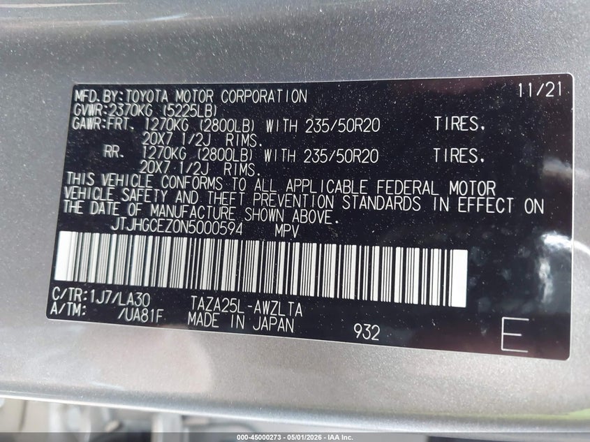 2022 Lexus Nx VIN JTJHGCEZ0N5000594 IAAI salvage auction — FRONT END, Original (Texas), sold $14,700 on 2026-07-05 (photo 9)