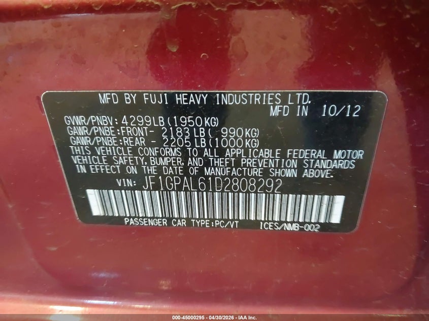 2013 Subaru Impreza VIN JF1GPAL61D2808292 IAAI salvage auction — FRONT END, Clear (Michigan), sold $300 on 2026-07-21 (photo 9)