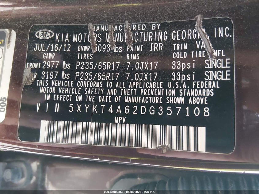 2013 Kia Sorento VIN 5XYKT4A62DG357108 IAAI salvage auction — NORMAL WEAR, Original (Ohio), sold $625 on 2026-07-14 (photo 9)