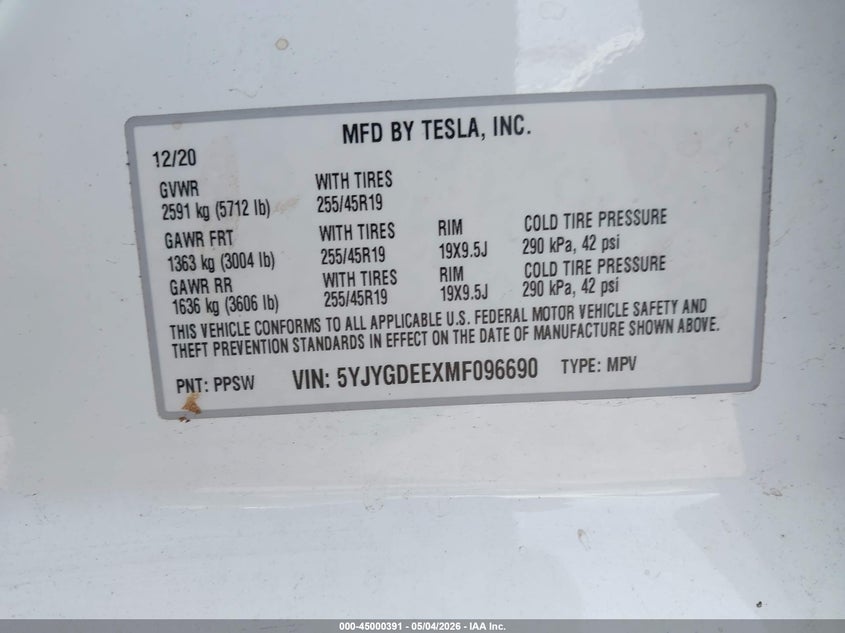 2021 Tesla Model y VIN 5YJYGDEEXMF096690 IAAI salvage auction — LEFT REAR, Clear (Oklahoma), sold $11,100 on 2026-07-14 (photo 9)