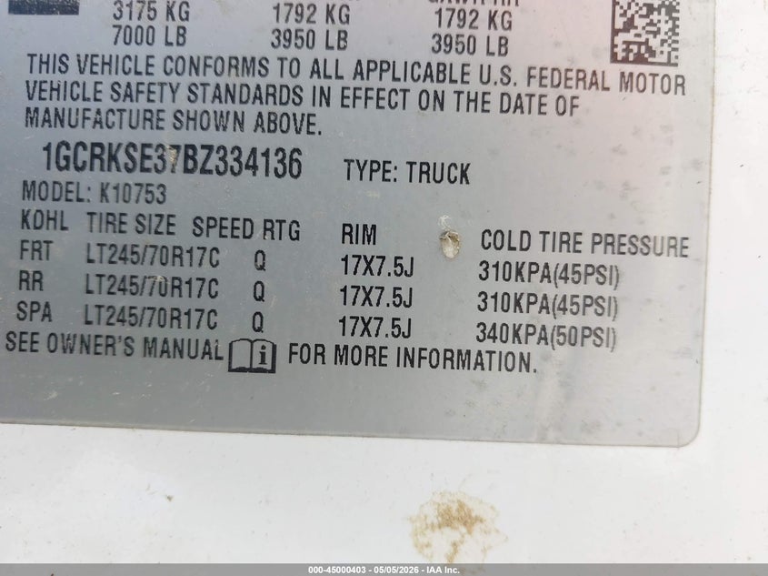 2011 Chevrolet Silverado 1500 VIN 1GCRKSE37BZ334136 IAAI salvage auction — BIOHAZARD/CHEMICAL, Salvage (North Carolina), sold $750 on 2026-07-09 (photo 9)