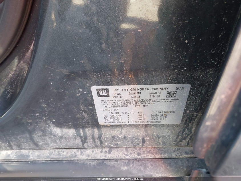2021 Chevrolet Trax VIN KL7CJPSM6MB377040 IAAI salvage auction — LEFT FRONT, Wait Title, sold $2,550 on 2026-07-16 (photo 9)