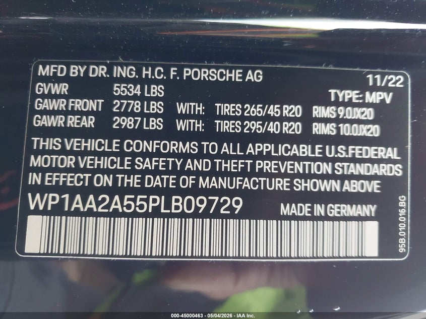 2023 Porsche Macan VIN WP1AA2A55PLB09729 IAAI salvage auction — SIDE, Salvage (California), sold $9,100 on 2026-07-29 (photo 9)