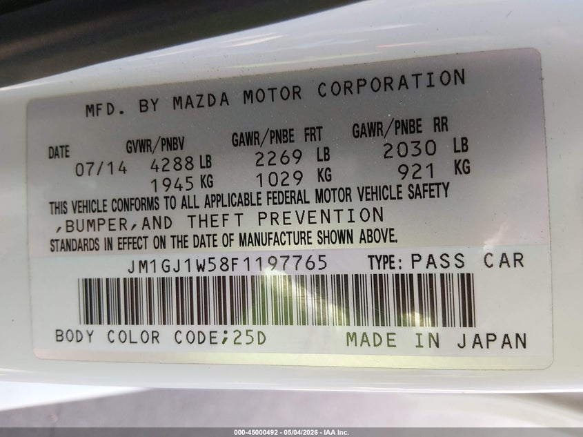 2015 Mazda 6 VIN JM1GJ1W58F1197765 IAAI salvage auction — FRONT END, Salvage (Texas), sold $2,025 on 2026-07-21 (photo 9)