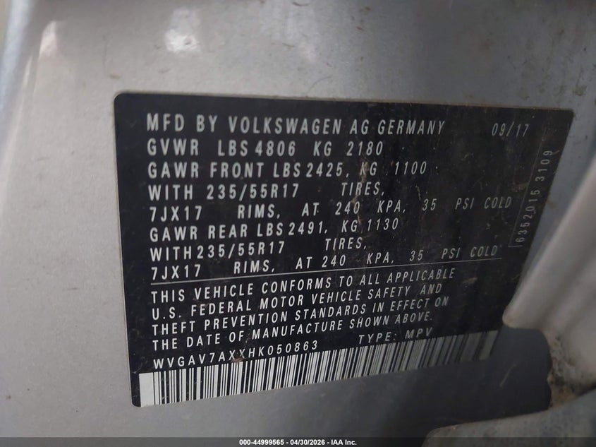 2017 Volkswagen Tiguan VIN WVGAV7AXXHK050863 IAAI salvage auction — FRONT END, Salvage (Texas), sold $650 on 2026-07-21 (photo 9)