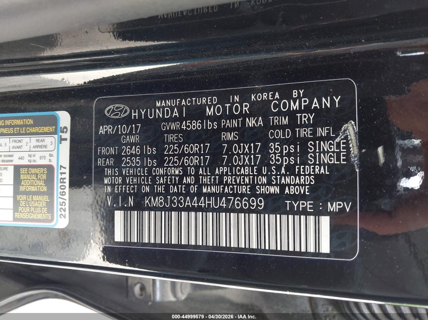 2017 Hyundai Tucson VIN KM8J33A44HU476699 IAAI salvage auction — FRONT END, Salvage (Georgia), sold $2,500 on 2026-07-13 (photo 9)