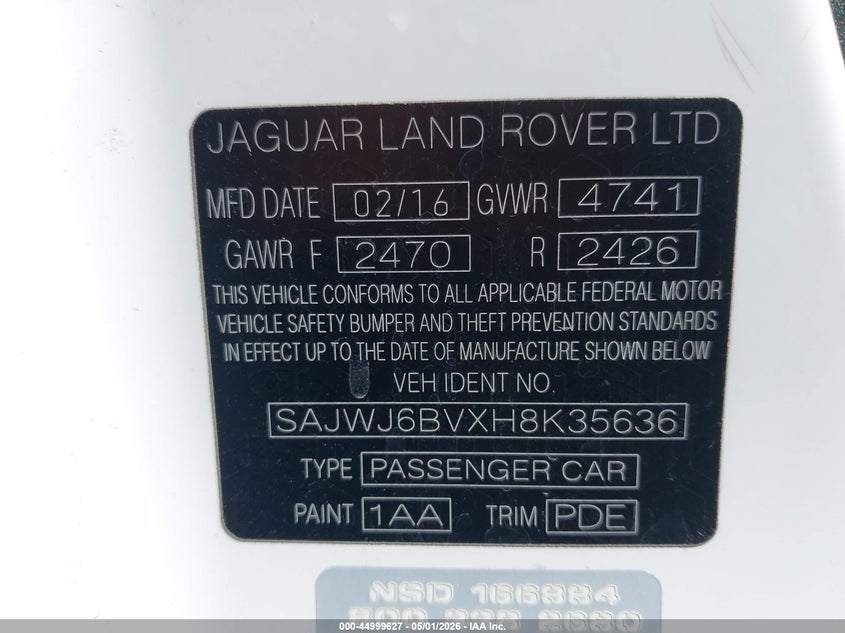 2017 Jaguar F-type VIN SAJWJ6BVXH8K35636 IAAI salvage auction — RIGHT SIDE, Salvage (Missouri), sold $12,725 on 2026-07-08 (photo 9)