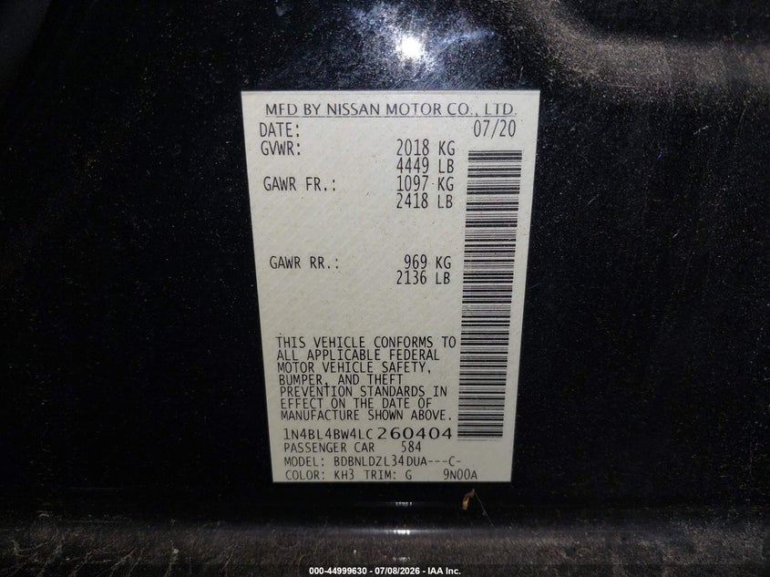 2020 Nissan Altima VIN 1N4BL4BW4LC260404 IAAI salvage auction — RIGHT FRONT, Sf97 (New York), sold $375 on 2026-07-23 (photo 9)