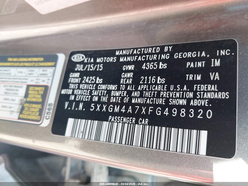 2015 Kia Optima VIN 5XXGM4A7XFG498320 IAAI salvage auction — LEFT FRONT, Salvage (Iowa), sold $1,100 on 2026-07-13 (photo 9)