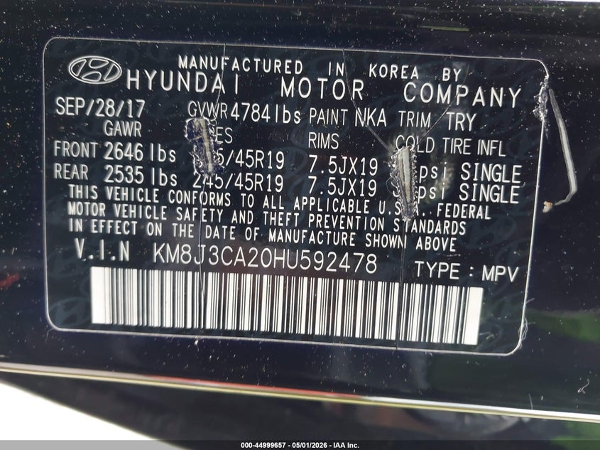 2017 Hyundai Tucson VIN KM8J3CA20HU592478 IAAI salvage auction — FRONT END, Wait Title, sold $575 on 2026-07-22 (photo 9)