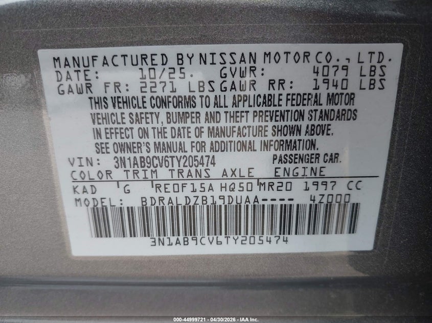 2026 Nissan Sentra VIN 3N1AB9CV6TY205474 IAAI salvage auction — FRONT END, Original (Texas), sold $7,200 on 2026-08-01 (photo 9)