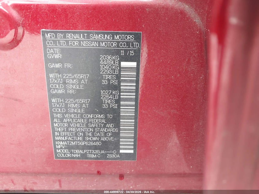 2016 Nissan Rogue VIN KNMAT2MT5GP626480 IAAI salvage auction — FRONT END, Salvage (Georgia), sold $275 on 2026-07-24 (photo 9)