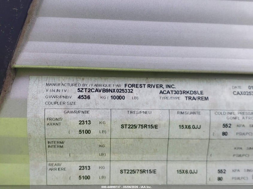 2022 Forest river Catalina VIN 5ZT2CAVB9NX025332 IAAI salvage auction — BIOHAZARD/CHEMICAL, Salvage (Louisiana), sold $3,000 on 2026-07-21 (photo 9)