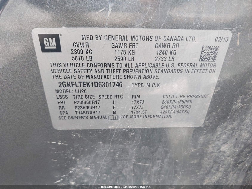 2013 Gmc Terrain VIN 2GKFLTEK1D6301746 IAAI salvage auction — RIGHT FRONT, Clear (Indiana), sold $1,050 on 2026-08-01 (photo 9)