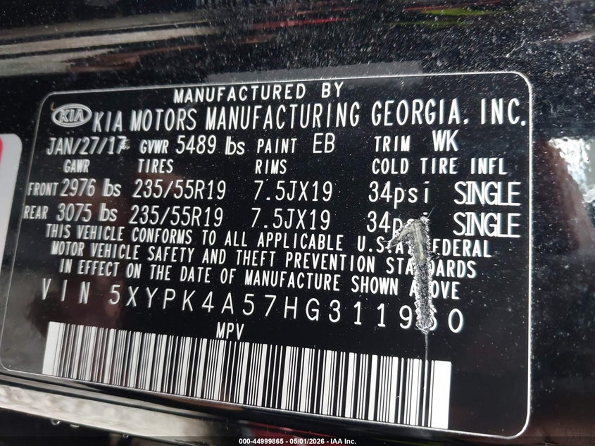 2017 Kia Sorento VIN 5XYPK4A57HG311960 IAAI salvage auction — RIGHT SIDE, Wait Title, sold $3,400 on 2026-07-21 (photo 9)