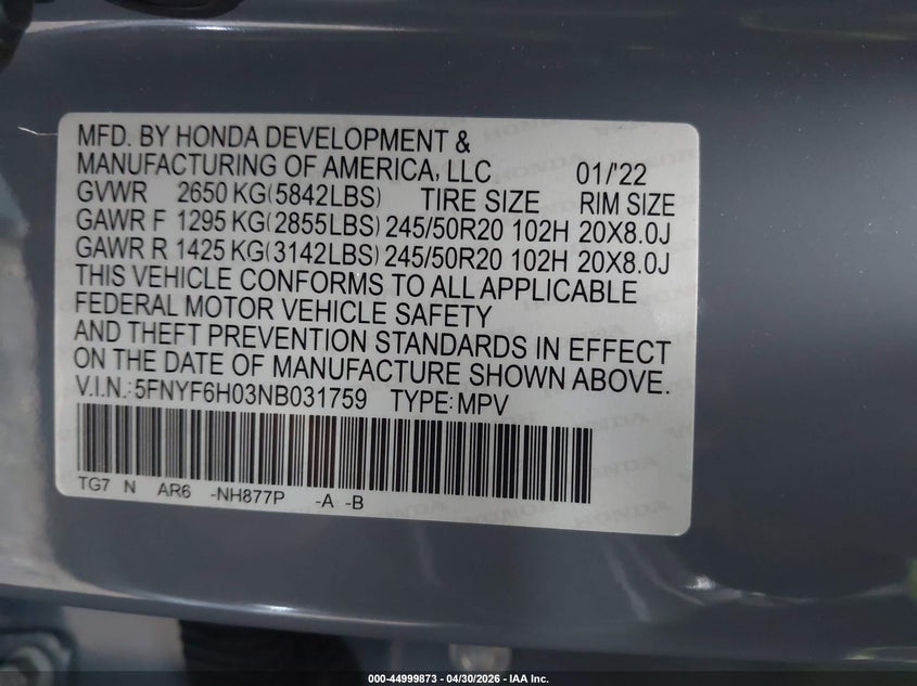 2022 Honda Pilot VIN 5FNYF6H03NB031759 IAAI salvage auction — FRONT END, Salvage (Idaho), sold $13,200 on 2026-08-01 (photo 9)