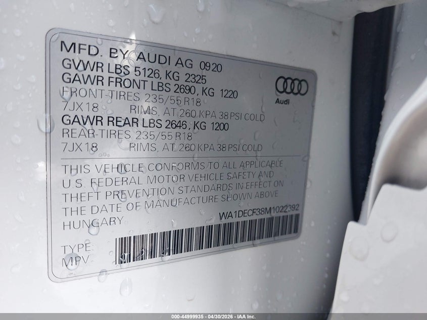 2021 Audi Q3 VIN WA1DECF38M1022392 IAAI salvage auction — FRONT END, Salvage Title, sold $8,725 on 2026-10-05 (photo 9)