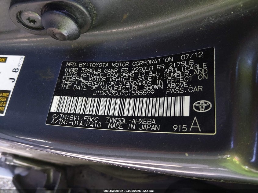 2012 Toyota Prius VIN JTDKN3DU7C1585599 IAAI salvage auction — LEFT & RIGHT, Clear (Indiana), sold $1,075 on 2026-07-08 (photo 9)