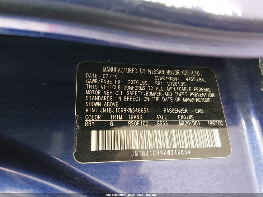 2019 Nissan Rogue VIN JN1BJ1CR9KW346654 IAAI salvage auction — LEFT SIDE, Wait Title, sold $25 on 2026-07-30 (photo 9)