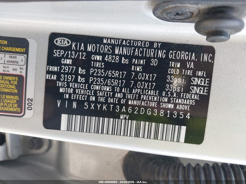 2013 Kia Sorento VIN 5XYKT3A62DG381354 IAAI salvage auction — RIGHT FRONT, Rebuildable (Florida), sold $800 on 2026-07-29 (photo 9)