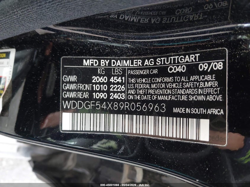 2009 Mercedes-benz C class VIN WDDGF54X89R056963 IAAI salvage auction — RIGHT SIDE, Salvage Certificate (California), sold $350 on 2026-07-10 (photo 9)