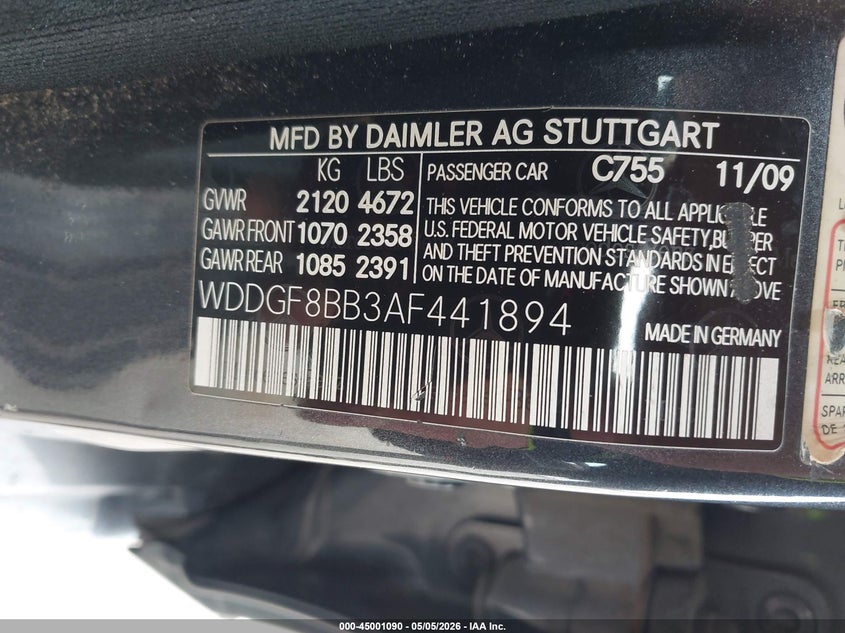 2010 Mercedes-benz C-klasse VIN WDDGF8BB3AF441894 IAAI salvage auction — REAR END, Certificate Of Title (Nebraska), sold $25 on 2026-07-23 (photo 9)