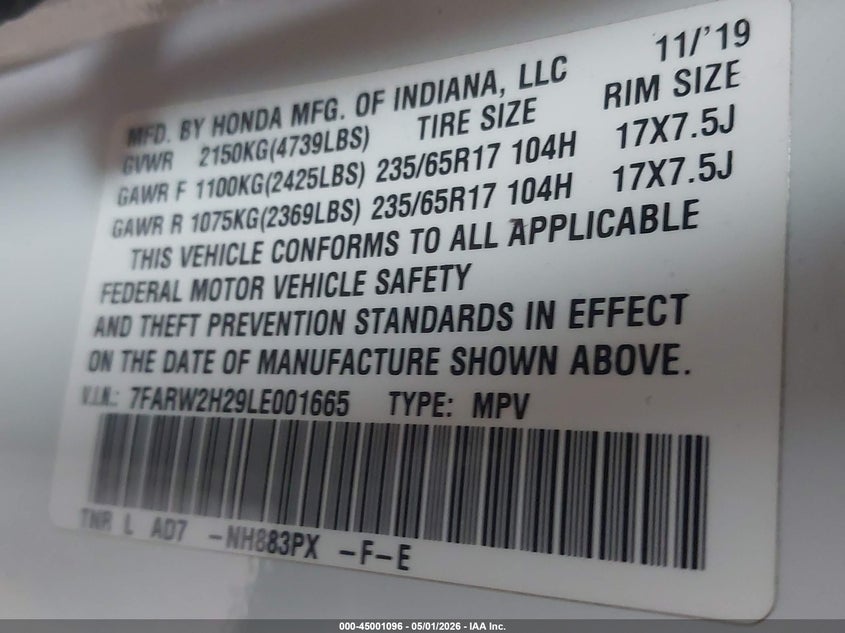 2020 Honda Cr-v VIN 7FARW2H29LE001665 IAAI salvage auction — SIDE, Wait Title, sold $3,925 on 2026-07-21 (photo 9)
