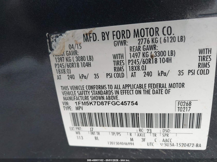 2015 Ford Explorer VIN 1FM5K7D87FGC45754 IAAI salvage auction — FRONT END, Clear (Oklahoma), sold $850 on 2026-08-01 (photo 9)