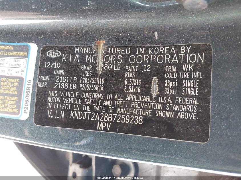 2011 Kia Soul VIN KNDJT2A28B7259238 IAAI salvage auction — THEFT, Clear (Indiana), sold $300 on 2026-07-29 (photo 9)