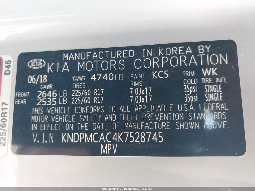 2019 Kia Sportage VIN KNDPMCAC4K7528745 IAAI salvage auction — FRONT END, Mv-907A (New York), sold $3,400 on 2026-07-28 (photo 9)