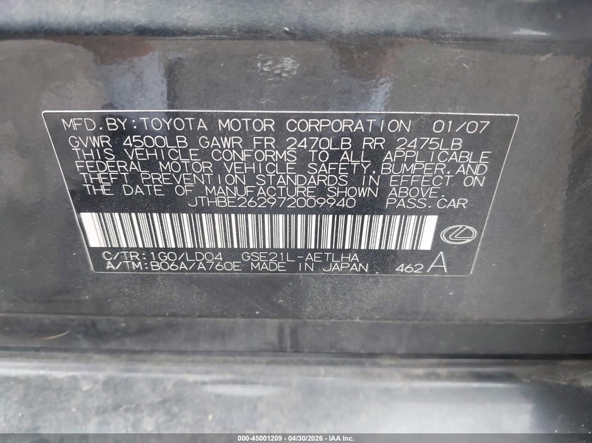 2007 Lexus Is VIN JTHBE262972009940 IAAI salvage auction — FRONT END, Salvage (Louisiana), sold $225 on 2026-07-21 (photo 9)
