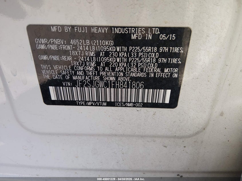 2015 Subaru Forester VIN JF2SJGWC1FH841806 IAAI salvage auction — FRONT END, Salvage (California), sold $1,150 on 2026-07-22 (photo 9)