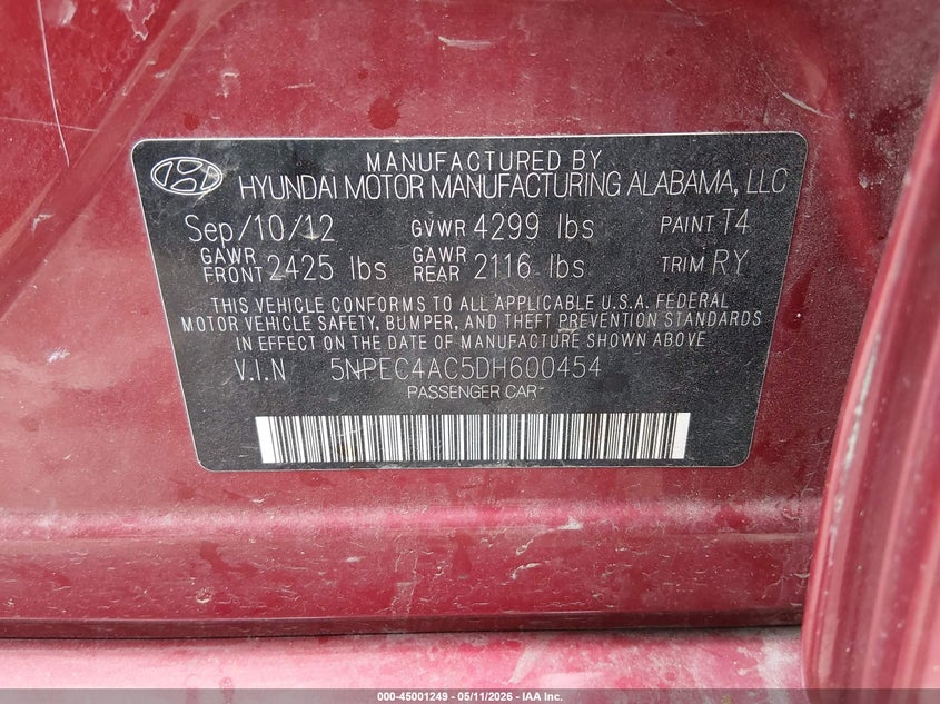 2013 Hyundai Sonata VIN 5NPEC4AC5DH600454 IAAI salvage auction — FRONT END, Salvage (West Virginia), sold $200 on 2026-07-16 (photo 9)