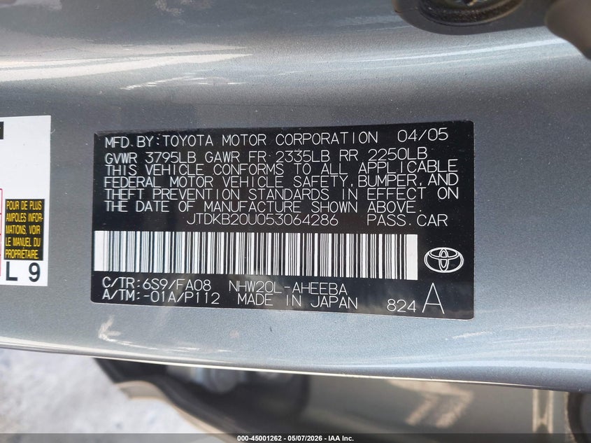 2005 Toyota Prius VIN JTDKB20U053064286 IAAI salvage auction — FRONT END, Salvage (California), sold $350 on 2026-07-09 (photo 9)