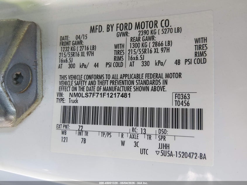 2015 Ford Transit VIN NM0LS7F71F1217481 IAAI salvage auction — LEFT FRONT, Salvage (Connecticut), sold $2,000 on 2026-07-09 (photo 9)