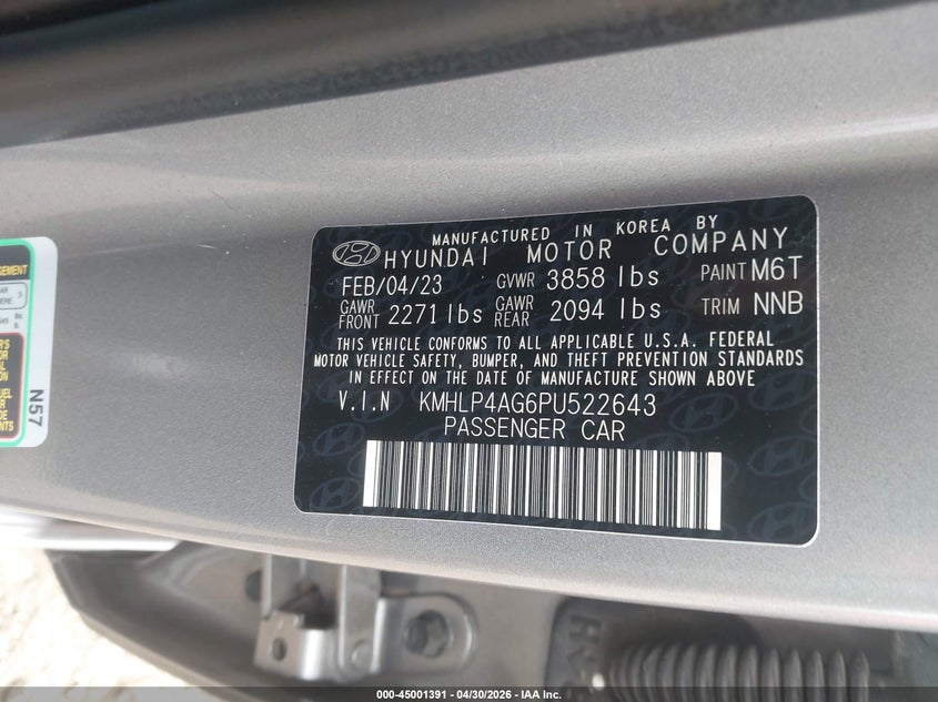 2023 Hyundai Elantra VIN KMHLP4AG6PU522643 IAAI salvage auction — RIGHT FRONT, Salvage (Illinois), sold $4,700 on 2026-07-22 (photo 9)