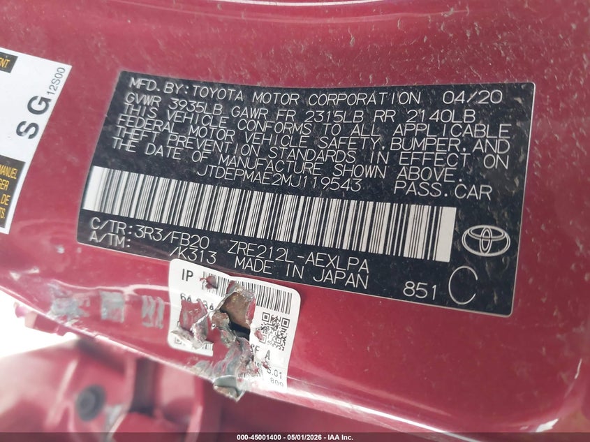 2021 Toyota Corolla VIN JTDEPMAE2MJ119543 IAAI salvage auction — SIDE, Salvage (Texas), sold $3,000 on 2026-07-20 (photo 9)
