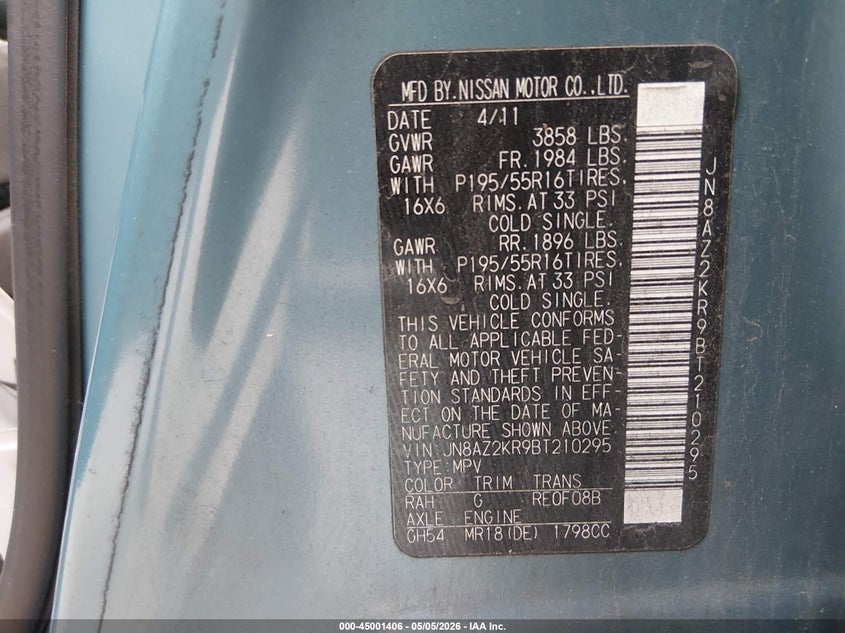 2011 Nissan Cube VIN JN8AZ2KR9BT210295 IAAI salvage auction — NORMAL WEAR, Original (Texas), sold $800 on 2026-07-07 (photo 9)