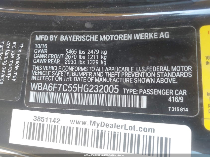 2017 BMW 6er VIN WBA6F7C55HG232005 IAAI salvage auction — NORMAL WEAR, Salvage (California), sold $3,050 on 2026-07-23 (photo 9)