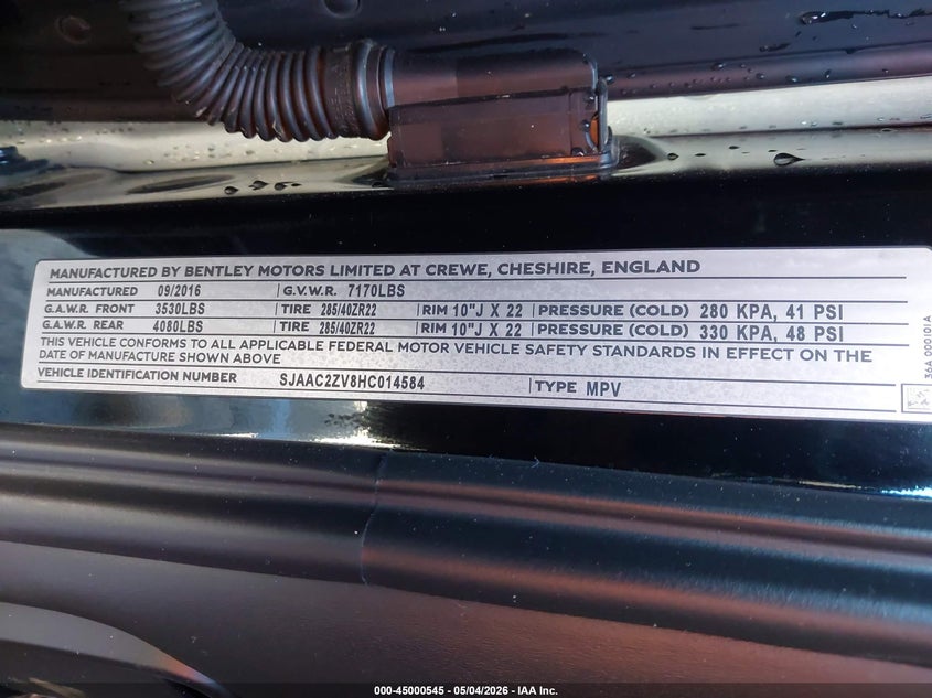 2017 Bentley Bentayga VIN SJAAC2ZV8HC014584 IAAI salvage auction — REAR END, Salvage Title, sold $10,100 on 2026-07-22 (photo 9)