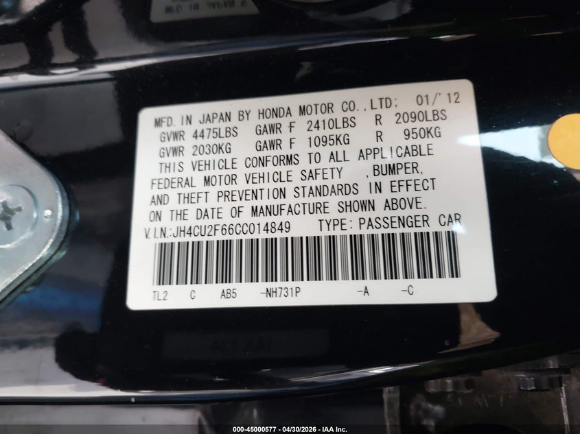 2012 Acura Tsx VIN JH4CU2F66CC014849 IAAI salvage auction — LEFT REAR, Salvage (California), sold $2,050 on 2026-07-09 (photo 9)
