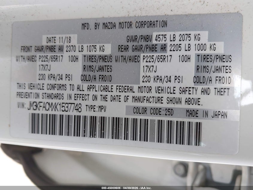 2019 Mazda Cx-5 VIN JM3KFACMXK1537748 IAAI salvage auction — LEFT & RIGHT, Original (Texas), sold $4,700 on 2026-07-29 (photo 9)