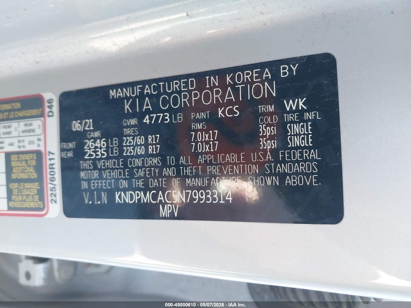 2022 Kia Sportage VIN KNDPMCAC5N7993314 IAAI salvage auction — RIGHT FRONT, Mv-907A (New York), sold $25 on 2026-07-21 (photo 9)