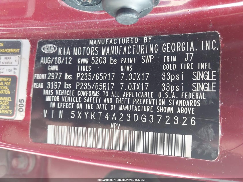 2013 Kia Sorento VIN 5XYKT4A23DG372326 IAAI salvage auction — FRONT END, Salvage (Texas), sold $100 on 2026-07-15 (photo 9)