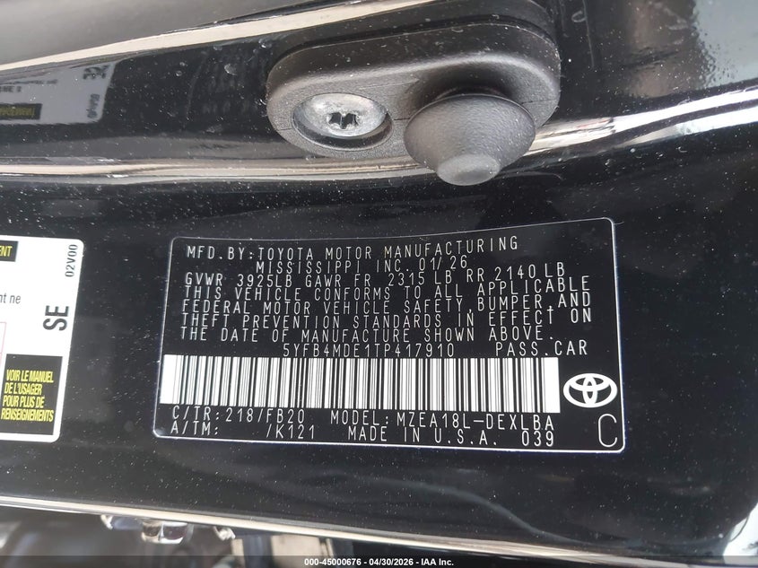 2026 Toyota Corolla VIN 5YFB4MDE1TP417910 IAAI salvage auction — FRONT END, Original (Texas), sold $8,950 on 2026-07-15 (photo 9)